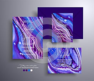 Set of acrylic wedding invitations with stone texture. Agate vector cards with marble effect and swirling paints, purple