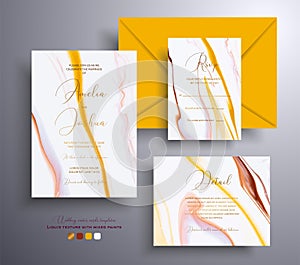 Set of acrylic wedding invitations with stone texture. Agate vector cards with marble effect and swirling paints, yellow