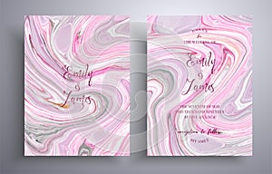 Set of acrylic wedding invitations with stone texture. Mineral vector cards with marble effect and swirling paints, pink