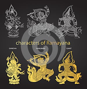 Set action characters of Ramayana,thai tradition style
