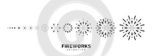 Set of action fireworks sequence. Black firecracker icons for animation.Design simple on white background.
