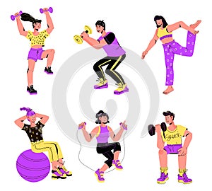 Set of active athletic people doing sports, cartoon vector illustration isolated