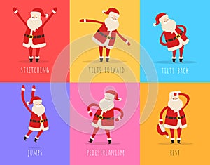 Set of Active Santa Fitnes on Color Background