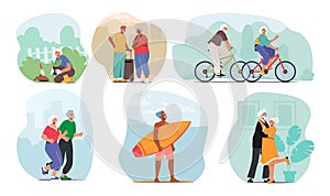 Set Active Senior People. Aged Male And Female Characters Gardening, Travel, Riding Bicycles, Jogging And Dance