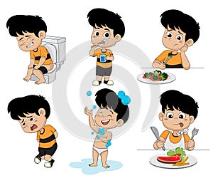 Set of daily activities routines,kid taking a bath, Funny littl