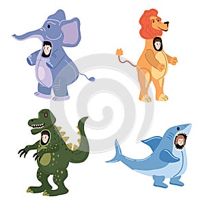 Set Actors in animal Elephant, Lion, Dinosaur, Shark costume. Theme party, Birthday kid, children animator, entertainer