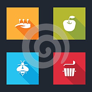 Set Acupuncture therapy, Apple, Bee and Sauna bucket and ladle icon. Vector