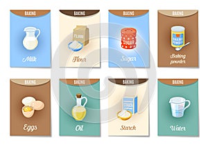Set of AD-cards -banners, tags, package- with cartoon baking ingredients