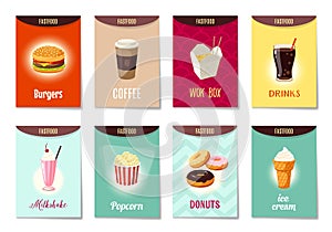 Set of AD-cards, banners, tags, package with cartoon fast food