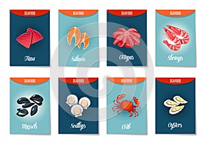 Set of AD-cards, banners, tags, package with cartoon sea food