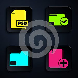 Set Add new file, PSD file document, Document folder and Document folder and check mark. Black square button. Vector