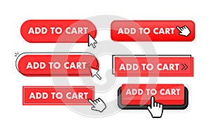 Set of add to cart button. Hand pointer clicking. Add to cart web buttons