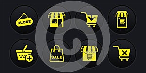 Set Add to Shopping basket, Mobile and shopping cart, bag with Sale, Market store, Remove and Hanging sign Close icon
