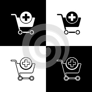 Set Add to Shopping cart icon isolated on black and white background. Online buying concept. Delivery service sign