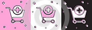 Set Add to Shopping cart icon isolated on pink and white, black background. Online buying concept. Delivery service sign