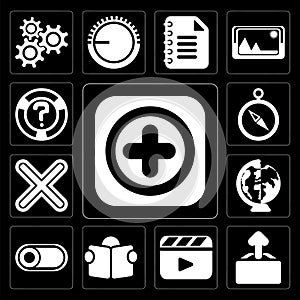 Set of Add, Upload, Video player, Reading, Switch, Worldwide, Mu