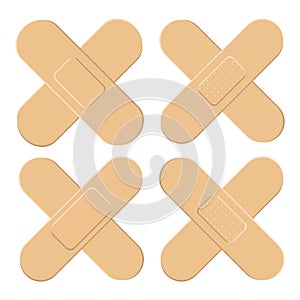 Set of Adhesive, flexible, fabric plaster . Medical bandage in different shape - straigh cross. Vector illustration isolated on wh