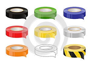 Set of adhesive tapes: black, green, blue, red, yellow, grey, orange, black and yellow caution tape. Isolated illustration. Vector