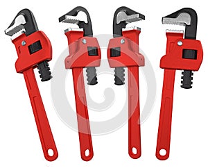 Set of adjustable pipe wrenchs, spanner or plumbing tool isolated on white