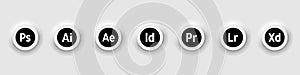 Set of Adobe Products icons: Illustrator, Photoshop, InDesign, Premiere Pro, After Effects, Lightroom ... Vector black and white