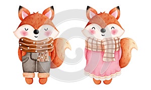 Set of adorable autumn foxes illustrations.Watercolor clipart of a cute foxes in an colorful autumn costume