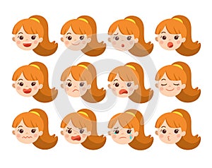 Set of Adorable Girl facial emotions. Girl face with different expressions. Schoolgirl portrait avatars. Variety of emotions teen
