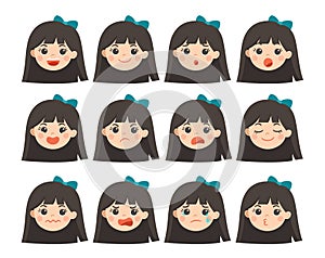 Set of Adorable Girl facial emotions. Girl face with different expressions. Schoolgirl portrait avatars. Variety of emotions teen