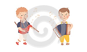 Set of adorable kids playing musical instruments. Cute boys playing bagpipes and accordion instruments cartoon vector