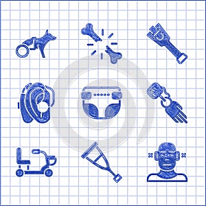 Set Adult diaper, Crutch or crutches, Deaf, Prosthesis hand, Electric wheelchair, Hearing aid, leg and Dog icon. Vector
