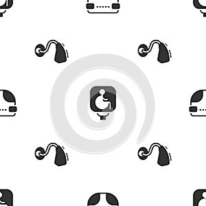 Set Adult diaper, Disabled wheelchair and Hearing aid on seamless pattern. Vector