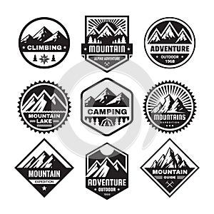 Set of adventure outdoor concept badges, camping emblem, mountain climbing logo in flat style. Exploration sticker symbol.