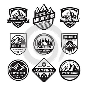 Set of adventure outdoor concept badges, camping emblem, mountain climbing logo in flat style. Exploration sticker symbol. Creativ