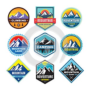 Set of adventure outdoor concept badges, summer camping emblem, mountain climbing logo in flat style. Extreme exploration sticker