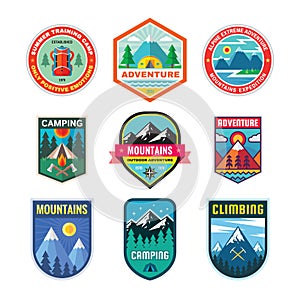 Set of adventure outdoor concept badges, summer camping emblem, mountain climbing logo in flat style. Extreme exploration sticker