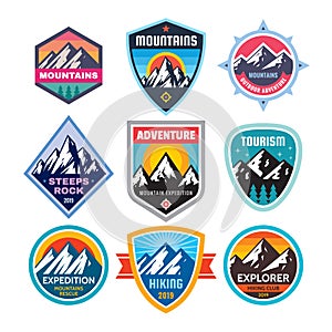 Set of adventure outdoor concept badges, summer camping emblem, mountain climbing logo in flat style. Extreme exploration sticker