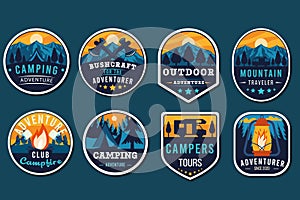 Set of adventure outdoor concept badges, summer camping emblem, mountain themed logos