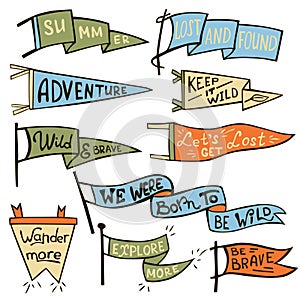Set of adventure, outdoors, camping colorful pennants. Retro monochrome labels. Hand drawn wanderlust style. Pennant travel flags