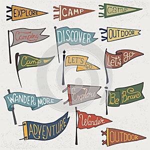 Set of adventure, outdoors, camping colorful pennants. Retro monochrome labels on textured background. Hand drawn