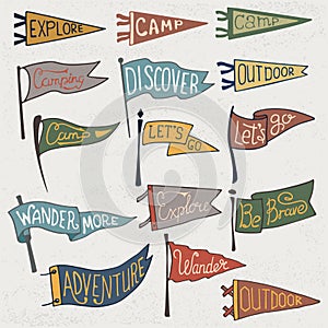 Set of adventure, outdoors, camping colorful pennants. Retro monochrome labels on textured background. Hand drawn photo