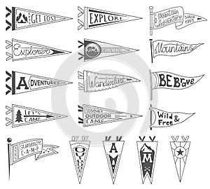 Set of adventure, outdoors, camping pennants. Retro monochrome labels. Hand drawn wanderlust style. Pennant travel flags