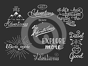 Set of adventure and travel vector hand drawn unique typographySet of adventure and travel vector hand drawn unique typography des