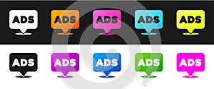 Set Advertising icon isolated on black and white background. Concept of marketing and promotion process. Responsive ads