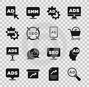 Set Advertising, Shopping cart and dollar, SEO optimization, Social media marketing, and icon. Vector