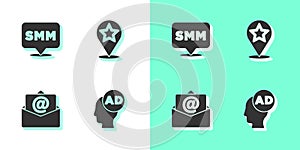 Set Advertising, Social media marketing, Mail and e-mail and Map pointer with star icon. Vector