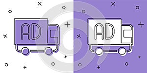 Set Advertising on truck icon isolated on white and purple background. Concept of marketing and promotion process