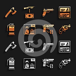 Set Advertising weapon, Hunting shop, Small gun revolver, Buying pistol, Hand smoke grenade, Pistol or, Wooden axe and