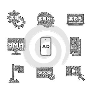 Set Advertising, Website template, Browser window, Location marker, Social media marketing, and icon. Vector