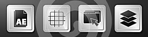 Set AE file document, Grid graph paper, Web design and development and Layers icon. Silver square button. Vector