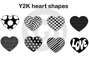 Set of aesthetic y2k heart shapes. Simple black and white geometric retro shapes