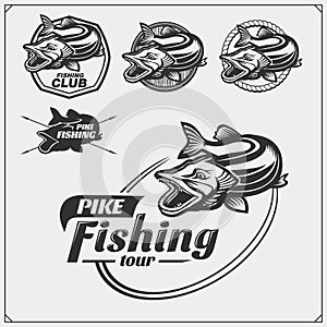 Set af fishing labels with a pike and fishing tackle. Fishing emblems and design elements.